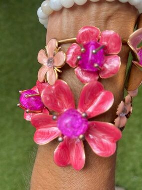 Pink Floral Enamel Stretch Bracelet - Pink Flower Statement Jewelry